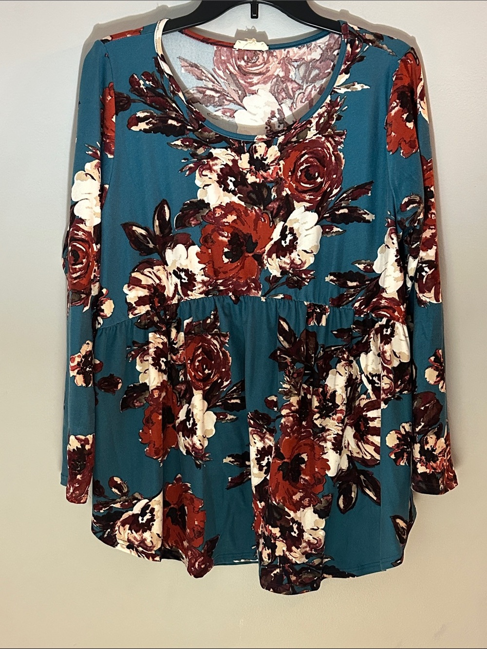 Teal Floral Babydoll Long-Sleeve Blouse